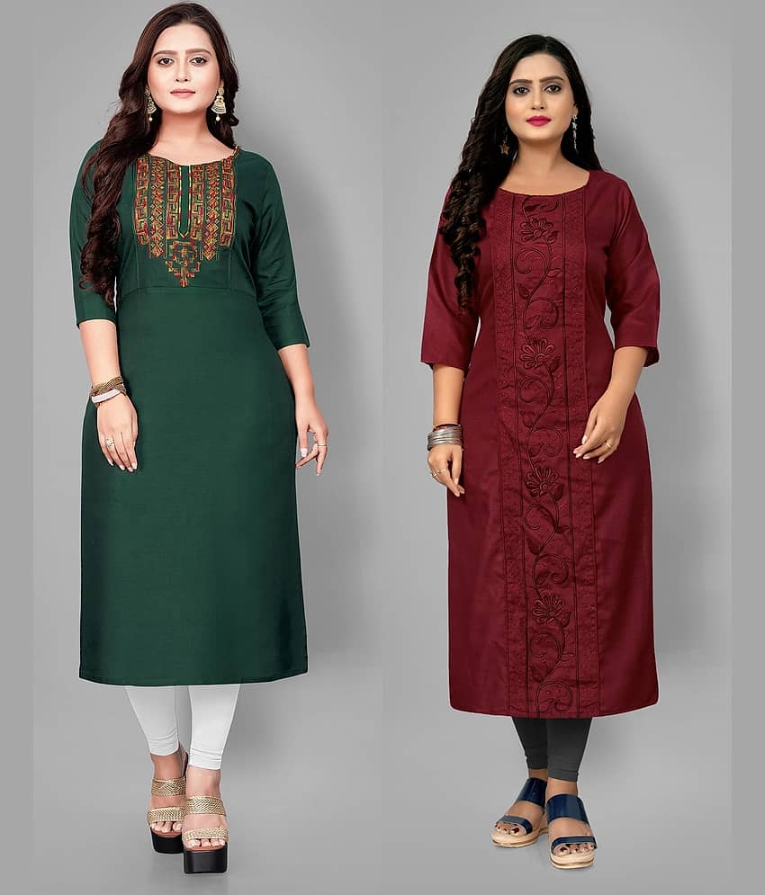 RIAANA Women Cotton Embroidered Straight Kurti ( Black )