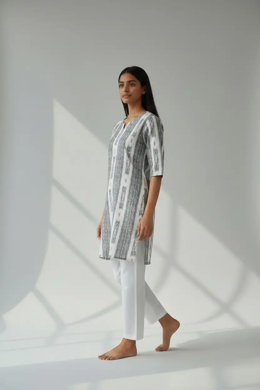 Handwoven Sambalpuri Cotton Kurti in Grey and White Bandhakala Ikat view 2