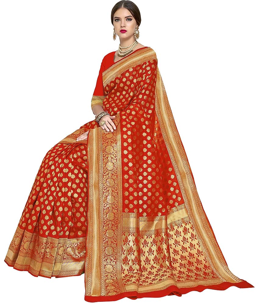 Sariya Jacquard Embellished Saree With Unstitched Blouse Piece ( Orange ) view 2