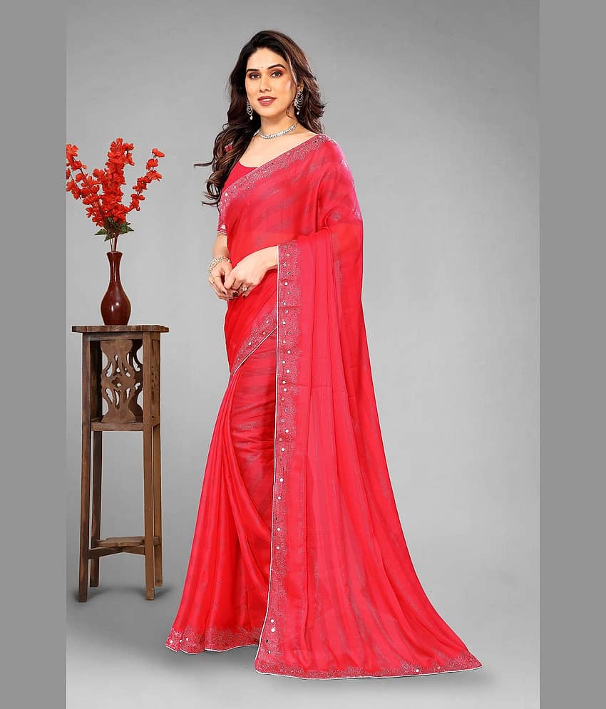 VEERAIVA Chiffon Embellished Saree With Unstitched Blouse Piece ( Purple ) view 2