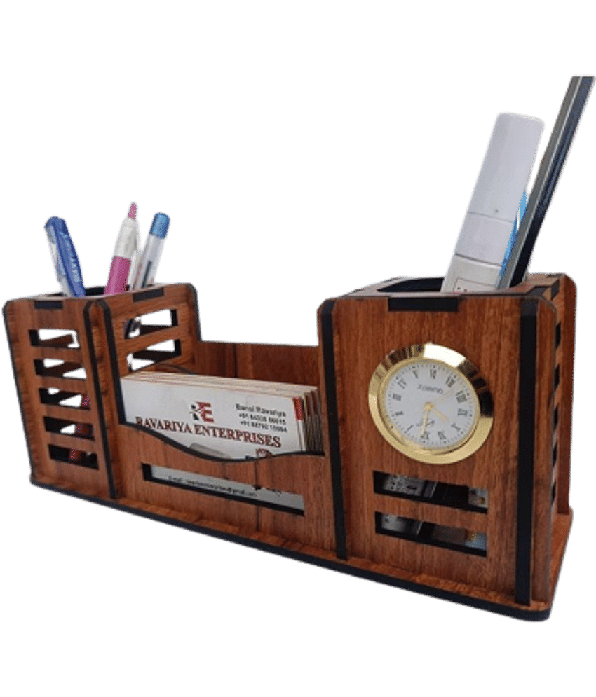 Big BOSS Enterprises 4 Compartment Pen Stand Holder With Watch Multipurpose Wooden Desk Organizer Standing Mobile Stand and Pen Pencil Holder view 2