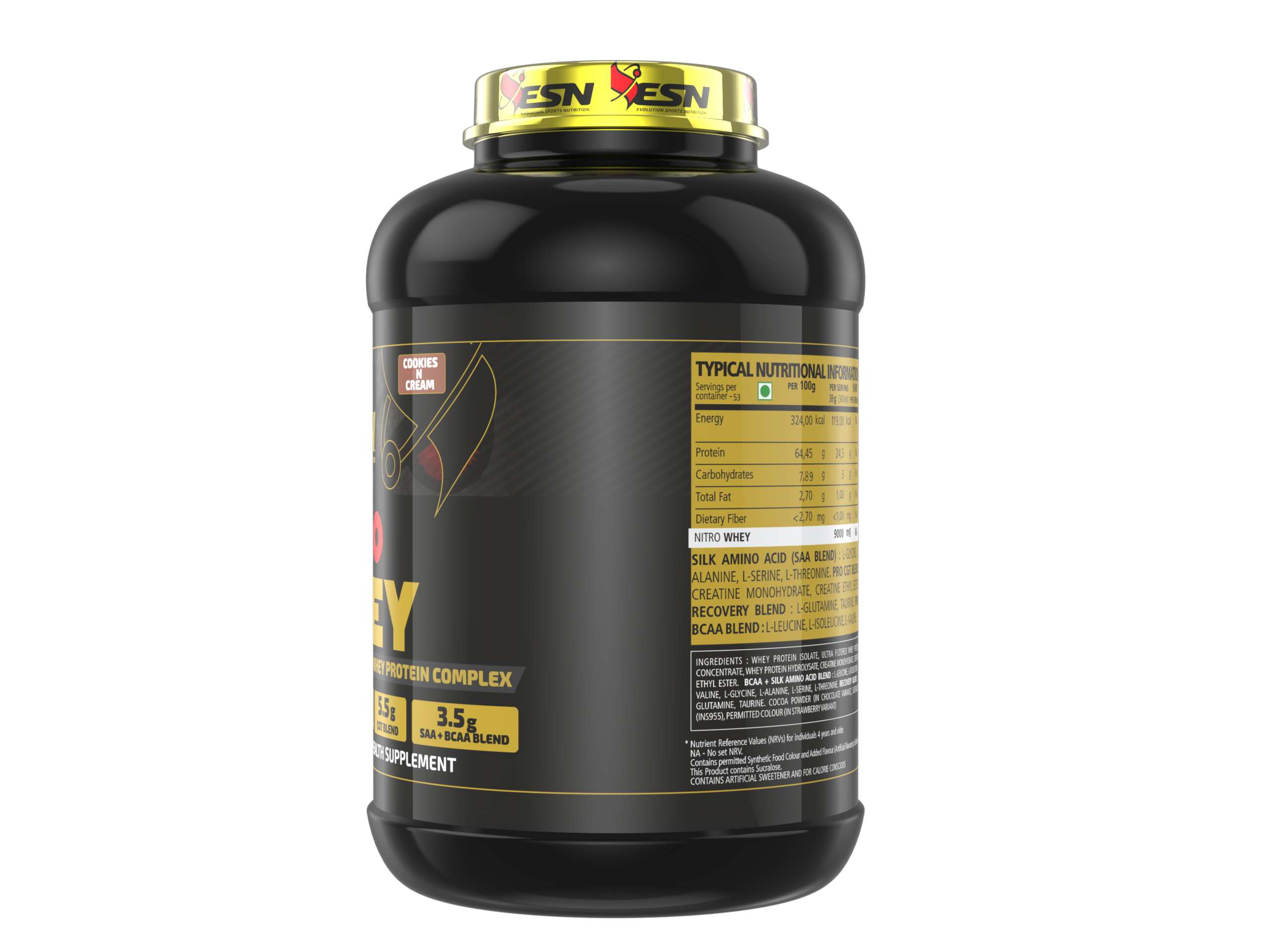 ESN Nitro Whey Protein, 2kg (4.4lbs), Cookies & Cream, 24.5g Protein, 5.5g Creatine Monohydrate & Creatine Ethyl Ester, 3.5g Saa+bcaa With L-glutamine & Taurine, Muscle Building, Increase Strength view 2