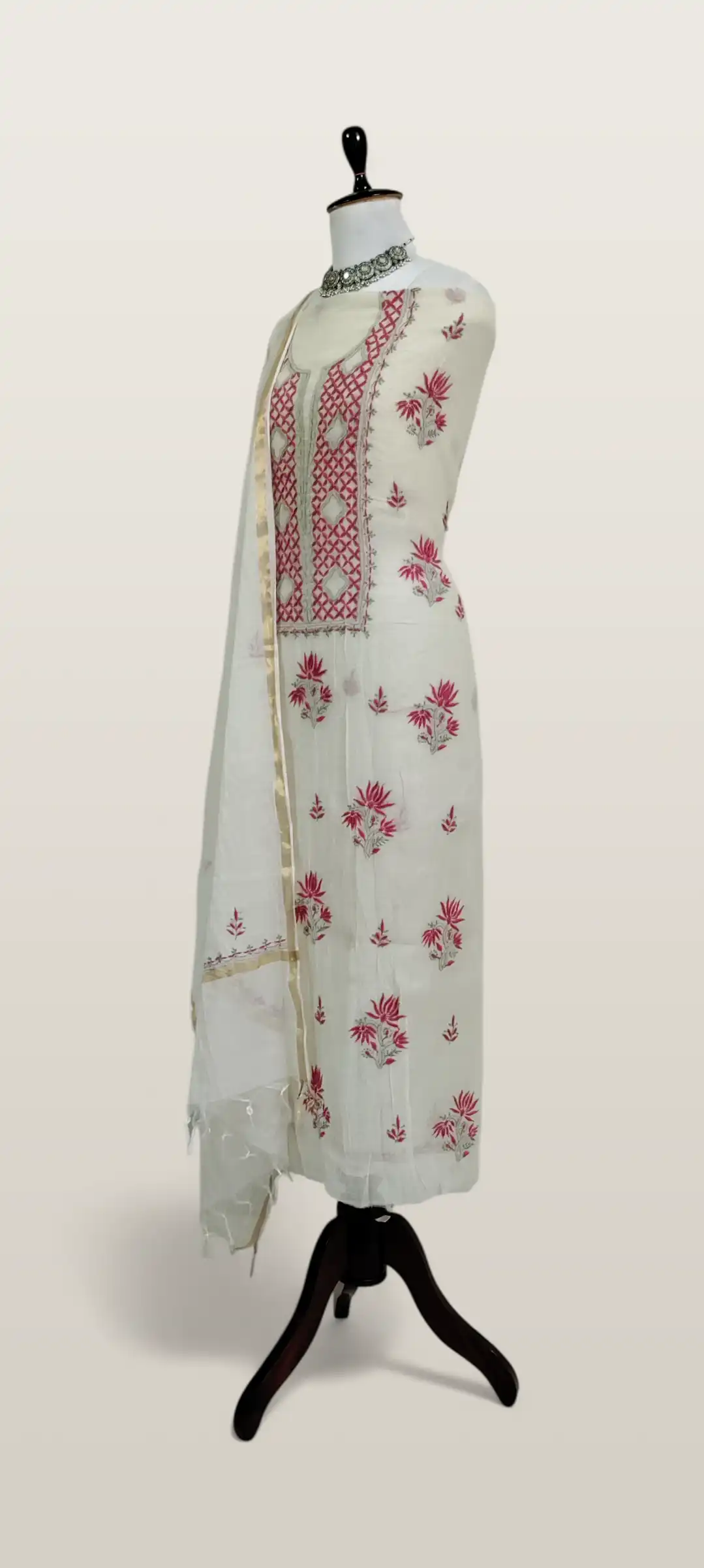 Chikankari Mul Chanderi Dress Material Ivory Rose Yoke view 2
