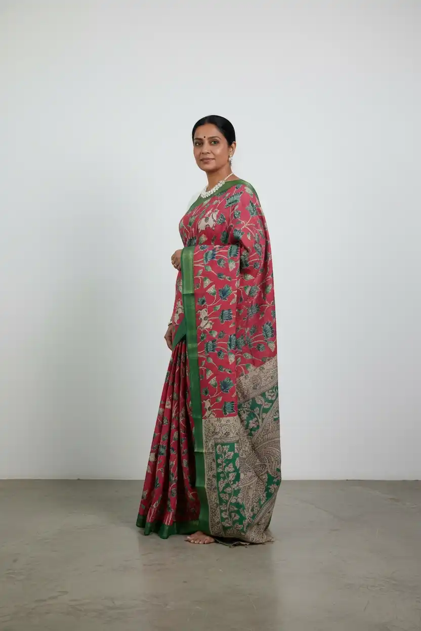 Pedana Kalamkari Mulmul Cotton Saree with Peacock Motif, Pink and Green