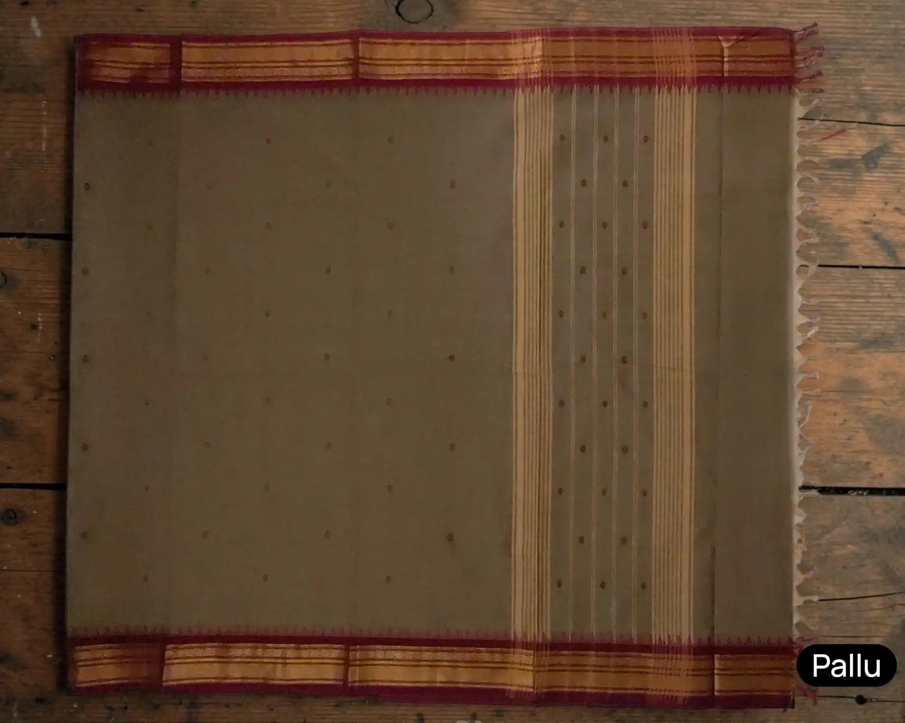 Handwoven Kanchipuram Cotton Saree in Khaki Brown with Temple Border view 2