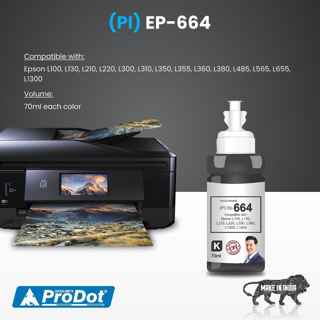 ProDot Ep-664 Inkjet Ink Refill Compatible with Epson L100, L130, L210, L220, L300, L310, L350, L355, L360, L380, L485, L565, L655, L1300, L1455 Ink Tank Printers view 2