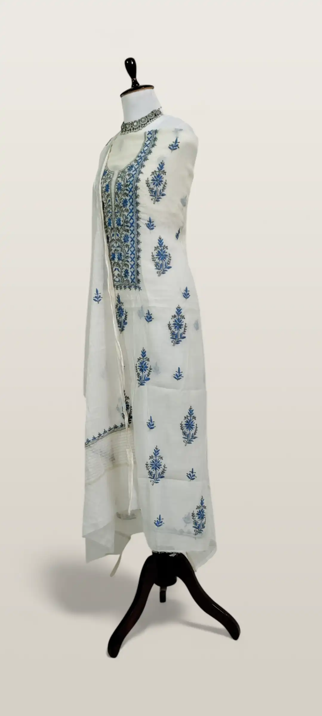 Chikankari Mul Chanderi Dress Material Ivory Royal Blue view 2
