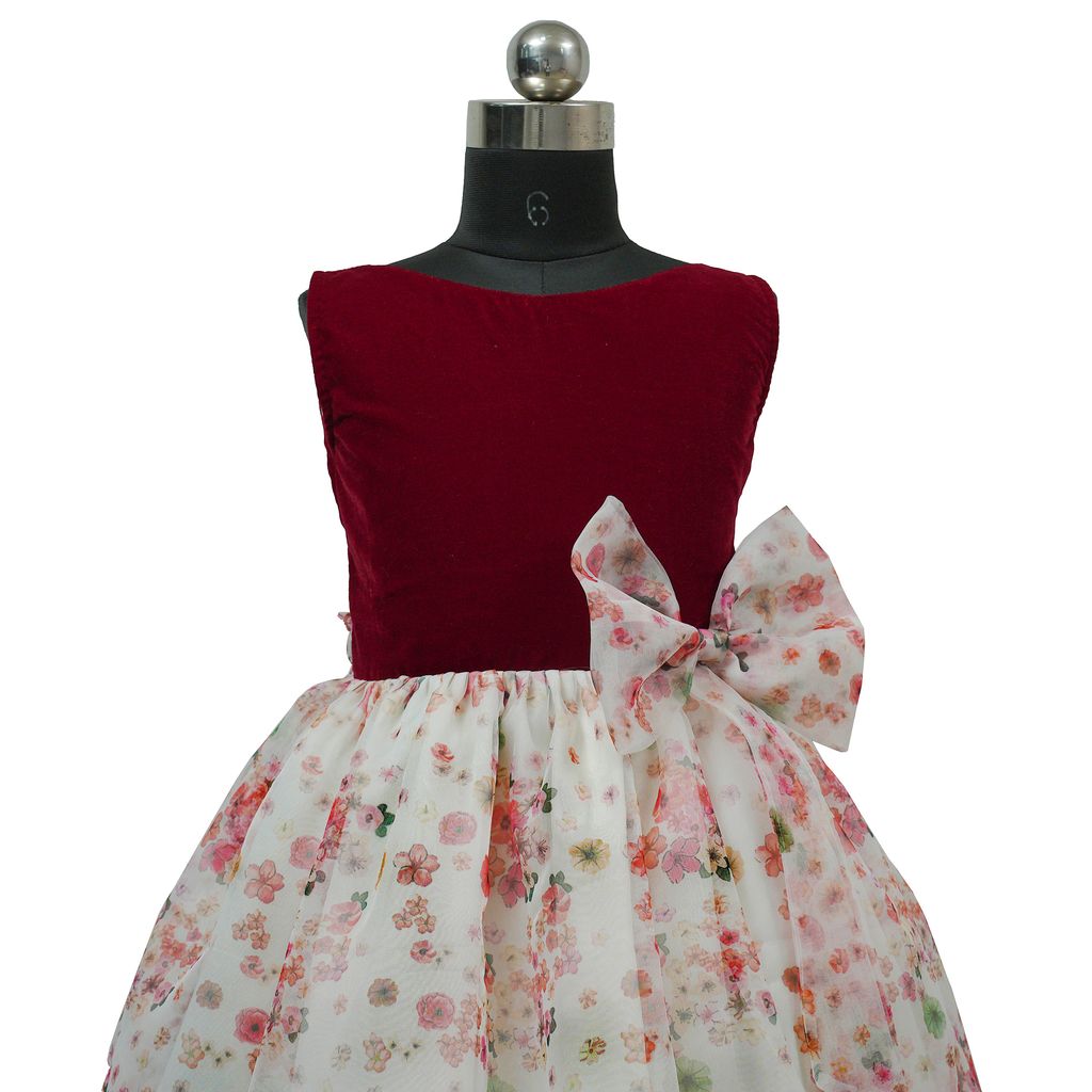HEYKIDOO Printed Organza & Velvet Girls Christmas Party Wear Frock Dress-Off White & Maroon view 2