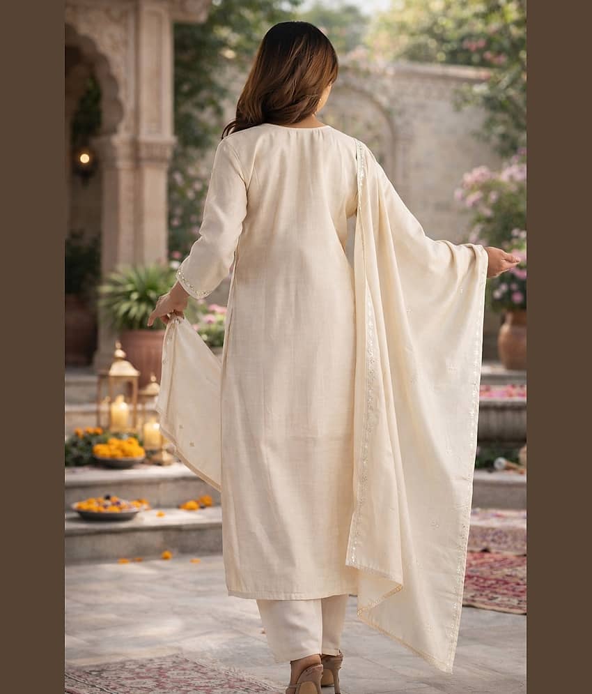 Sheetal associates Women Silk Blend Embroidered Straight Kurti With Pants ( Off White ) view 2