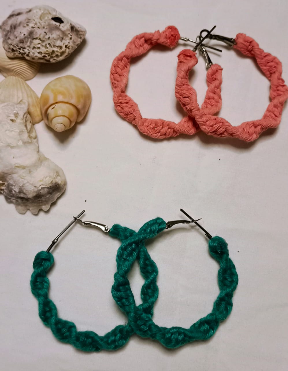 Handmade Crochet Earrings - Pink Yarn Twisted Design Hoops