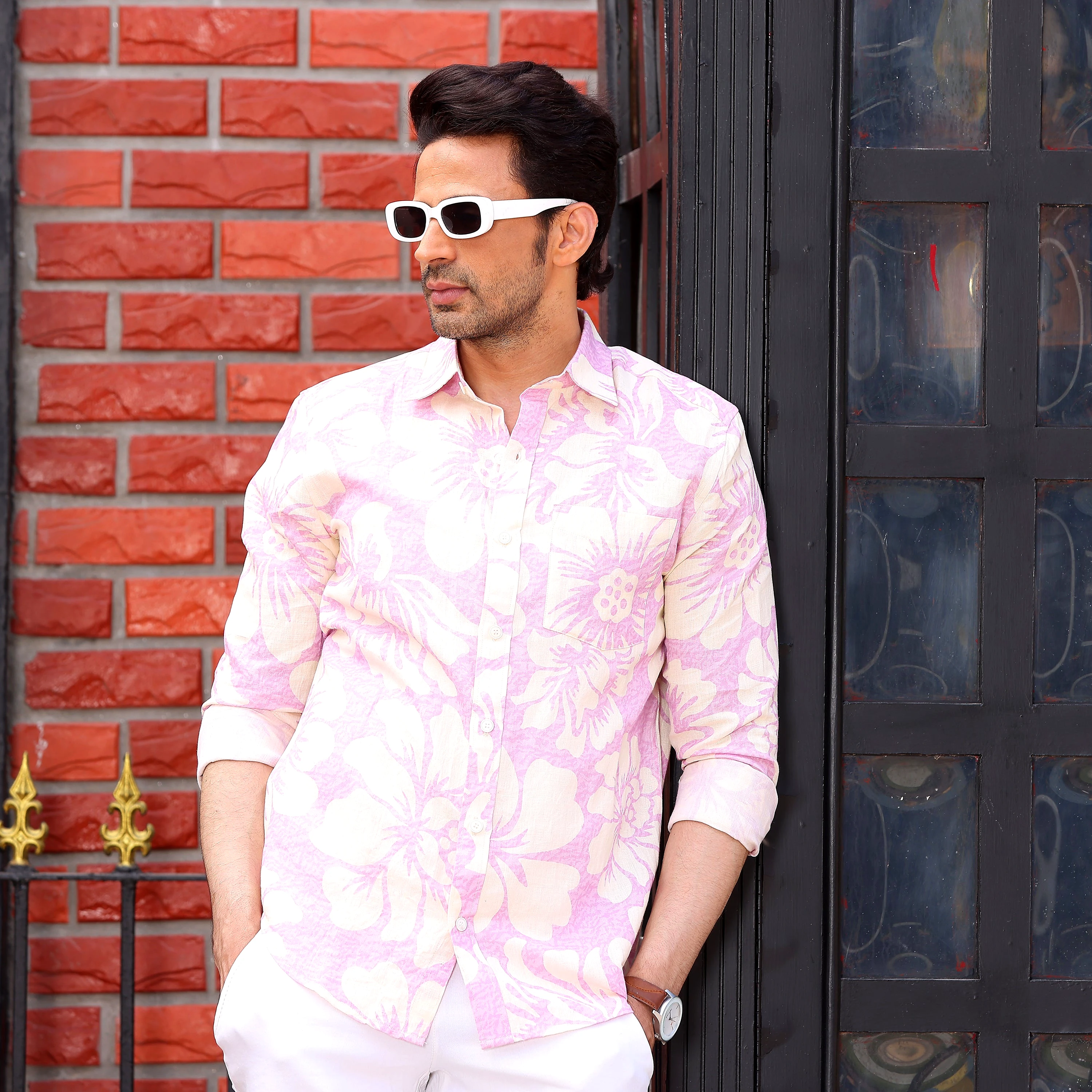 Hibiscus Carnation Pink Casual Pure Linen Full Shirt (Size - S) by BLUE EAGLE view 2