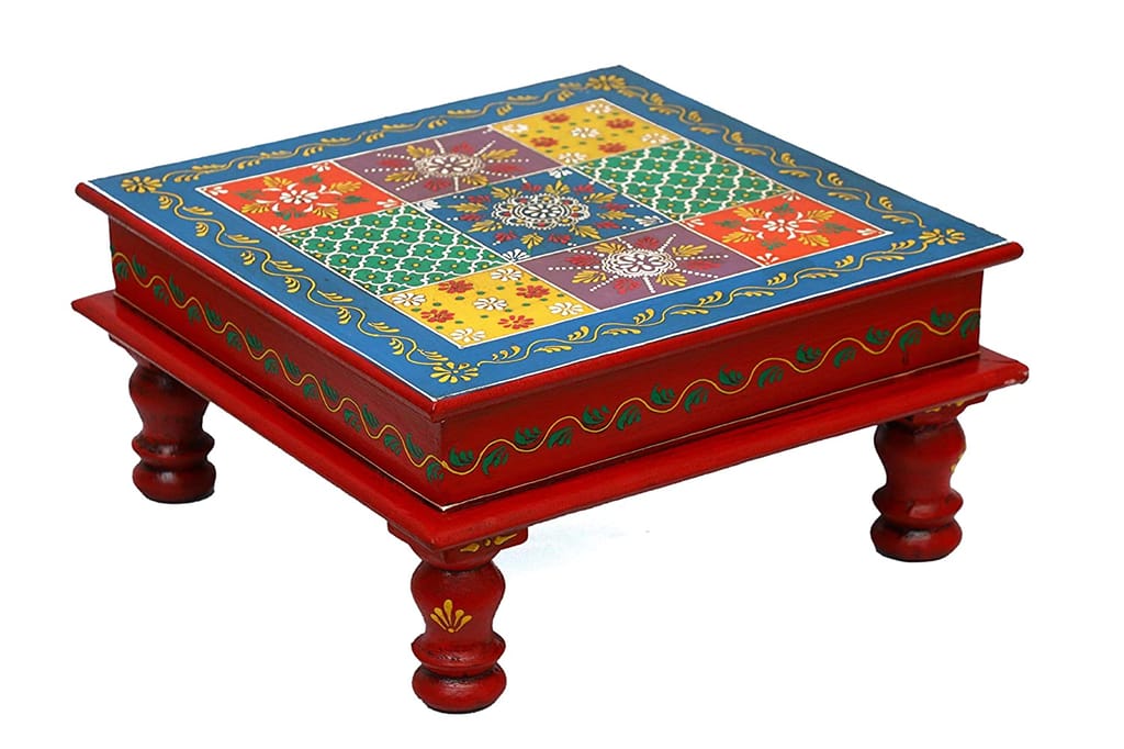 Home Design Wooden Pooja Chowki, Handmade Embossed Painting Chowki, Handcrafted Bajot, Pooja Stool, Wooden Handmade Bajot, Indian Handicraft Decor Art (12 x 12 x 6 INCHES) (ME74) view 2