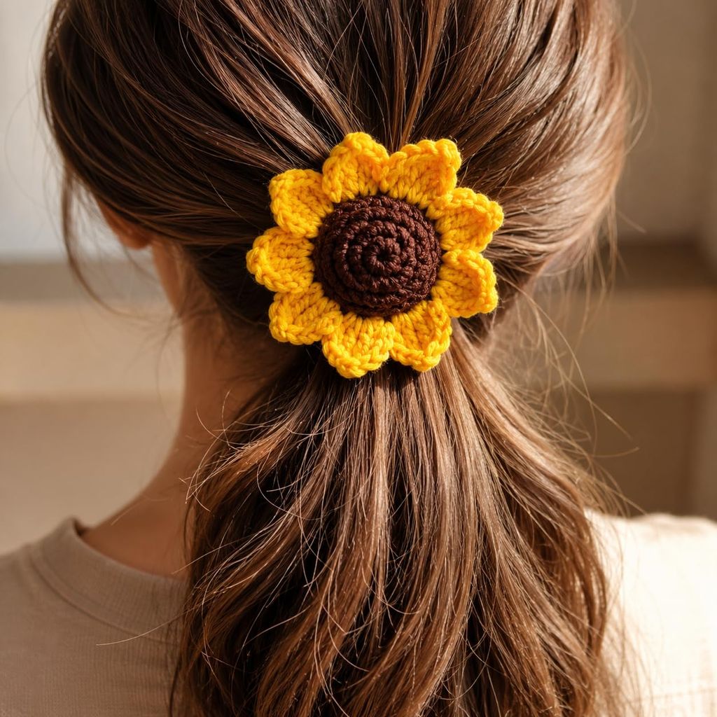Rareity Aromatic Handmade Crochet Hair Ties | Scented Sunflower & Daisy Flower Hair Bands | Elastic Ponytail Holders for Women, Girls & Kids | Knitted Floral Hair Accessories | Pack of 2 view 2