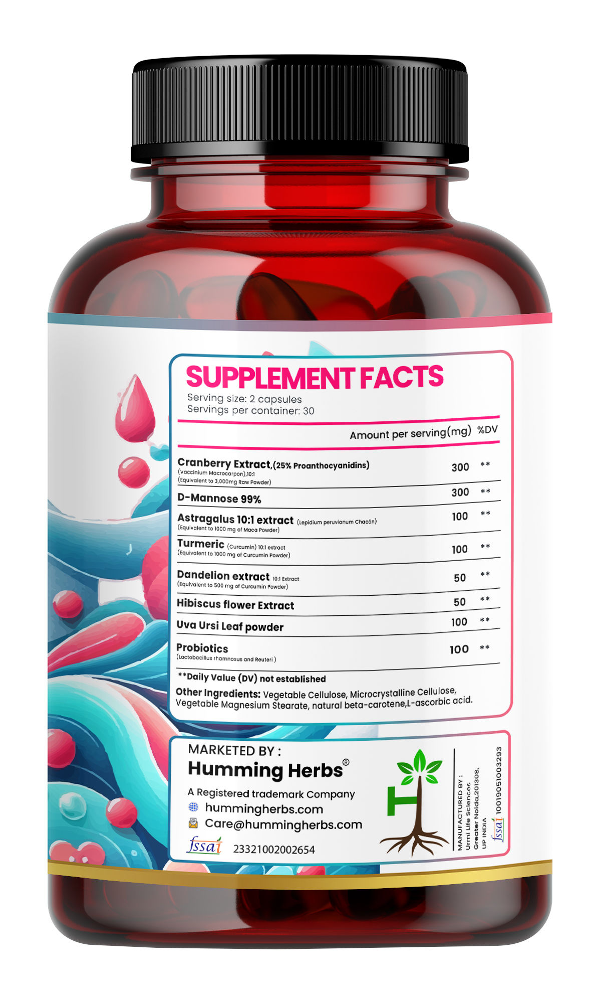 Humming Herbs UTI Wellness Essence 1100mg - Advanced 8-in-1 Urinary Tract Support Formula with Cranberry, D-Mannose, & Probiotics - Promotes Bladder Health & Immunity, 60 Capsules - Pack of 2 view 2