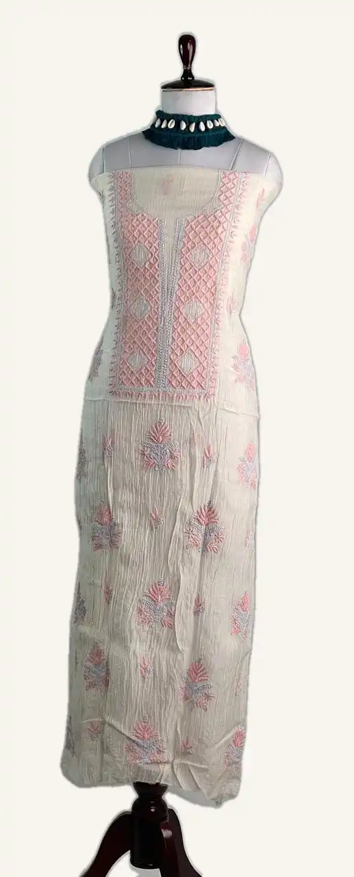 Chikankari Mul Chanderi Dress Material Peach Grey Yoke view 2