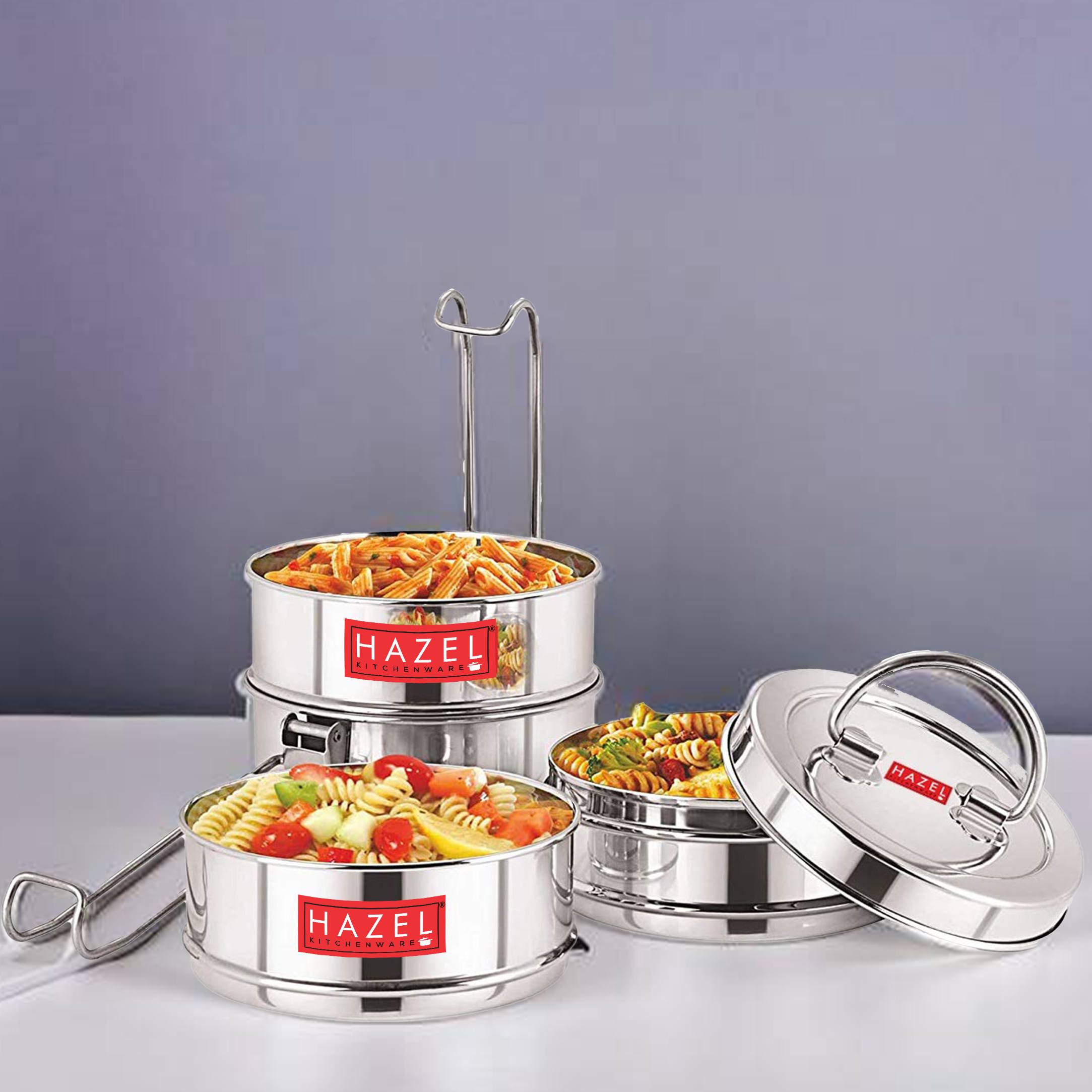 HAZEL Stainless Steel Stackable Tiffin Box , 4 Tier Compartment Traditional Tiffin Dabba , Steel Lunch Box with Handle for Office view 2