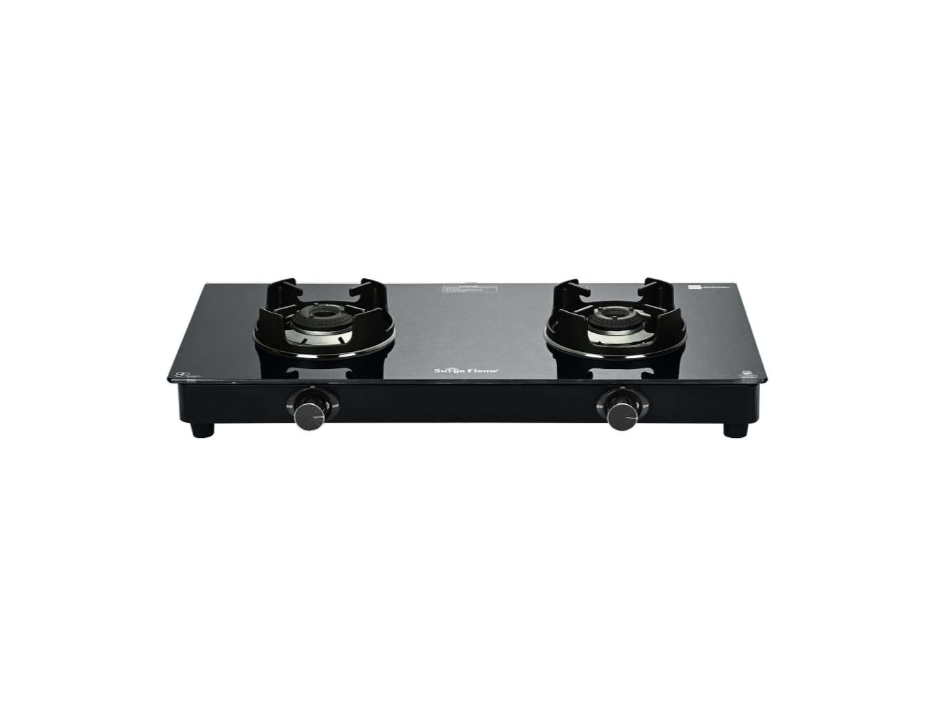 Surya Flame Black Pro 2 Burner Gas Stove, Toughened Glass, Heavy Coated Black Brass Burners, Flame Guard Pan Support - Black view 2