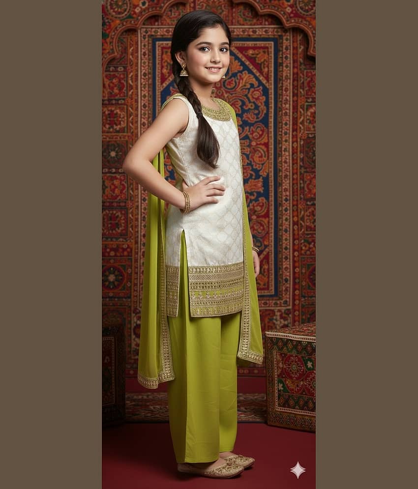 Aarika Girls Silk Kurti with Palazzo ( Pack of 1 , Cream ) view 2