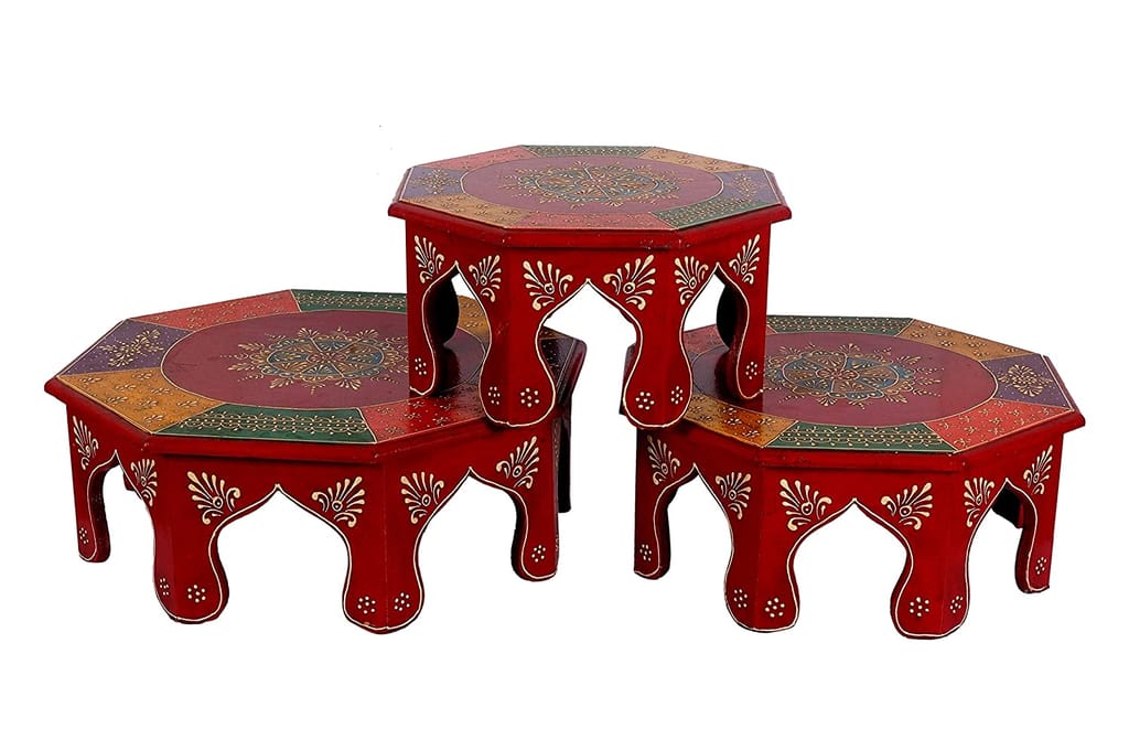 Home Design Multi-Purpose Wooden Bajot Set for Home Decor, Multicolour, Octangle shape wood chowki, Red color (set of 3)