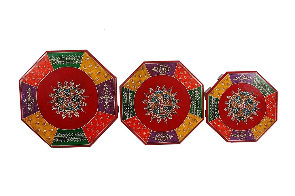 Home Design Multi-Purpose Wooden Bajot Set for Home Decor, Multicolour, Octangle shape wood chowki, Red color (set of 3) view 2