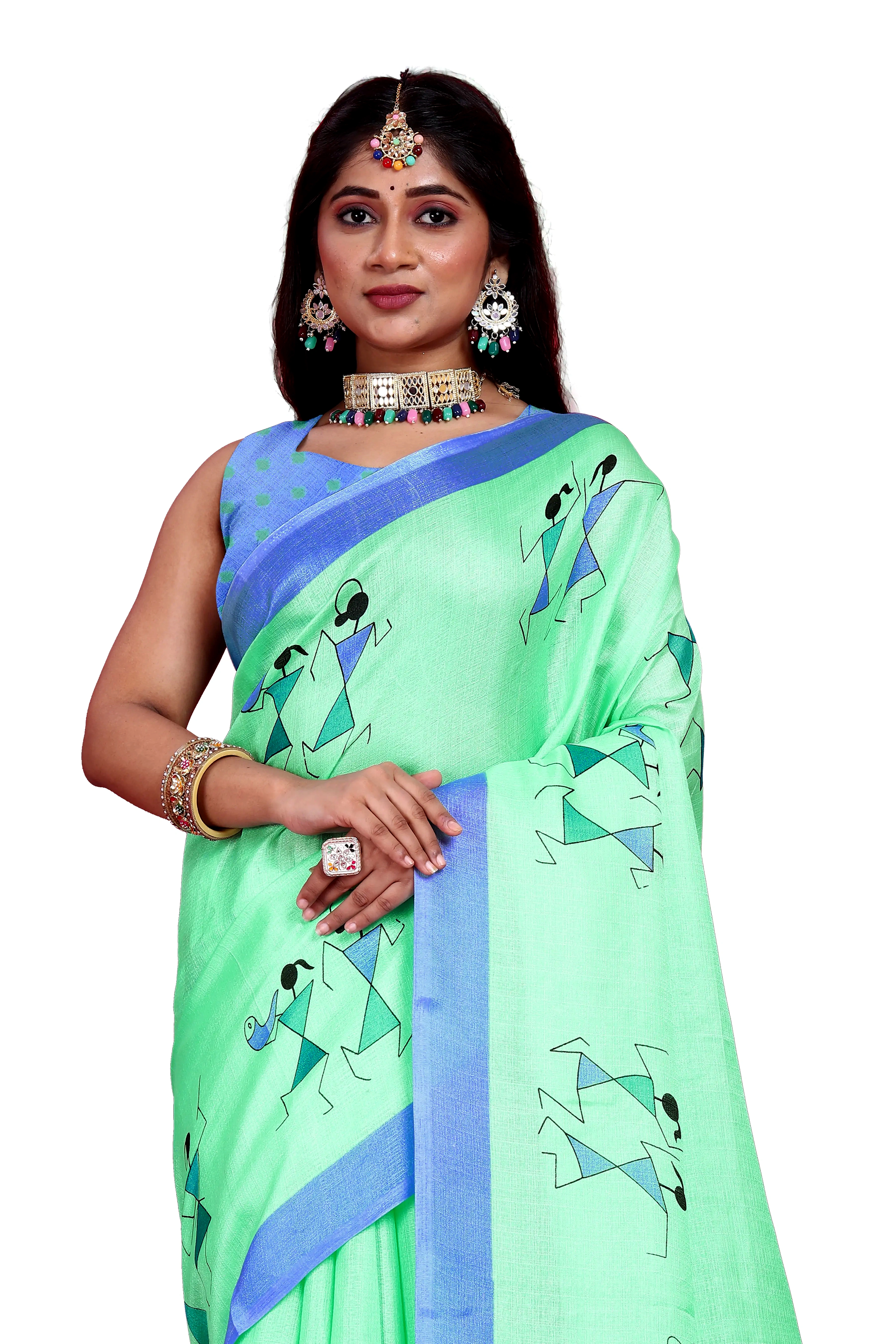 Khadi Silk Warli Printed Saree with Unstitched Blouse for Women (Color - Cyan) by SHIV TEXTILES view 2