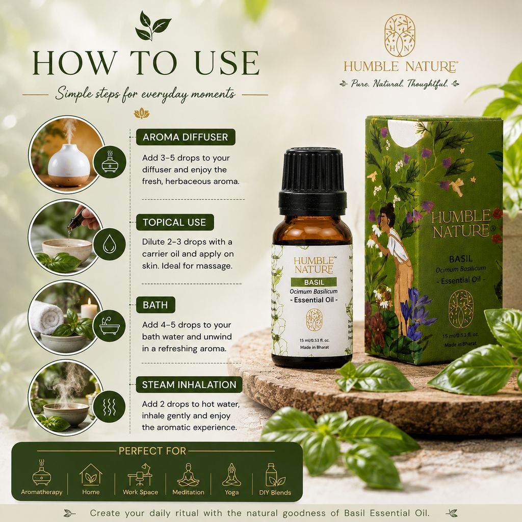 Humble Nature Basil Essential Oil 15ml | Steam Distilled Basil (Ocimum Basilicum) Essential Oil | Natural Plant Extract | GC-MS Tested | Aromatherapy, Diffuser, Massage, DIY Blends & Home Fragrance view 2