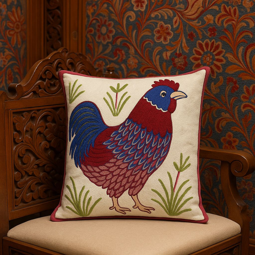 Beige Rooster Embroidered Cushion Cover