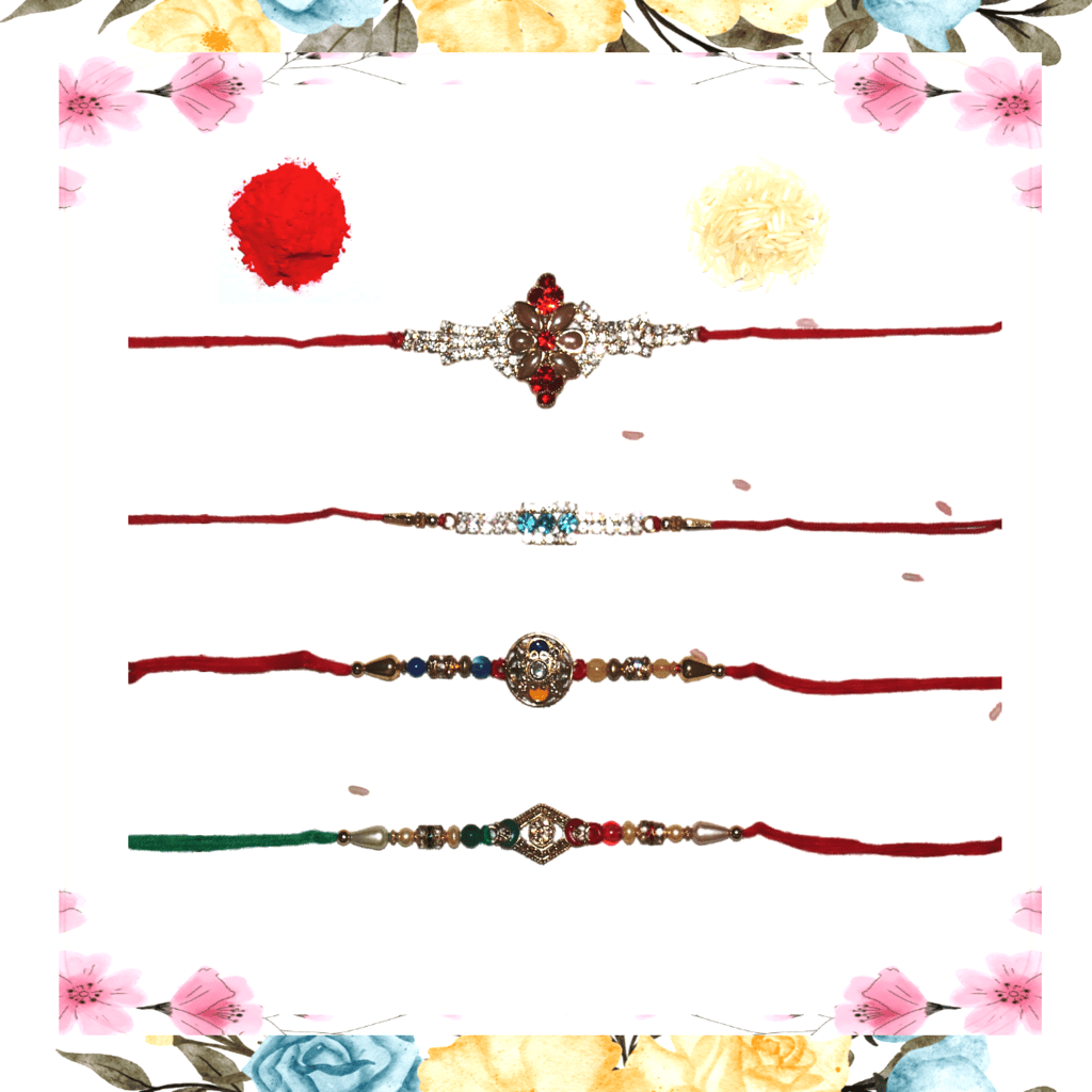 4 Rakhi Combo Pack for Raksha Bandhan - Set of 4 Designer Rakhi with Roli and Rice - Elegant Thread Bracelets with Sparkling Crystals, Metal, and Plastic Accents for Brothers, Bhabhi, and Kids(Pack of 4+1) view 2