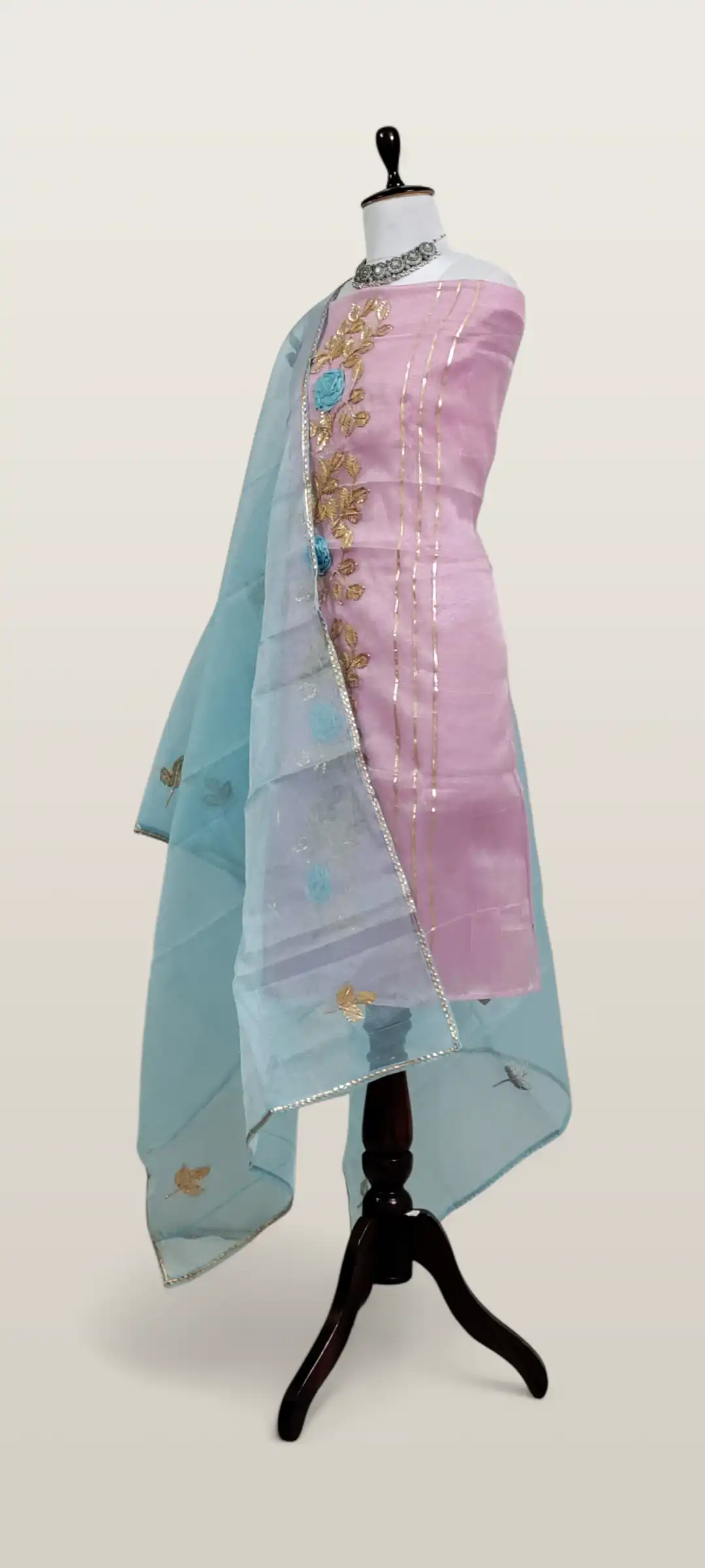 Kota Doria Dress Material Pastel Pink Gold Rose Vine view 2