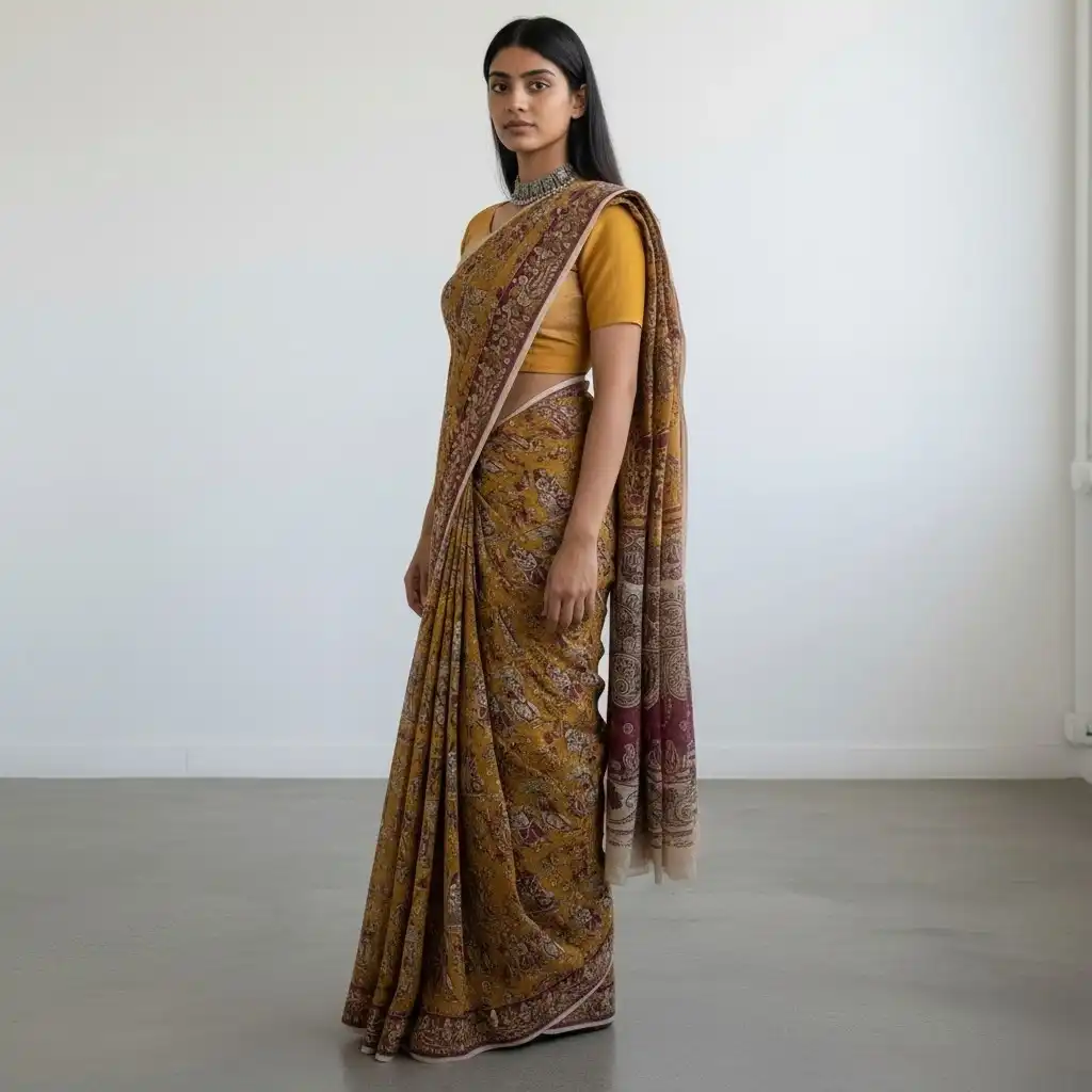 Mustard Mulmul Cotton Kalamkari Saree with Magenta Pallu, Pedana view 2