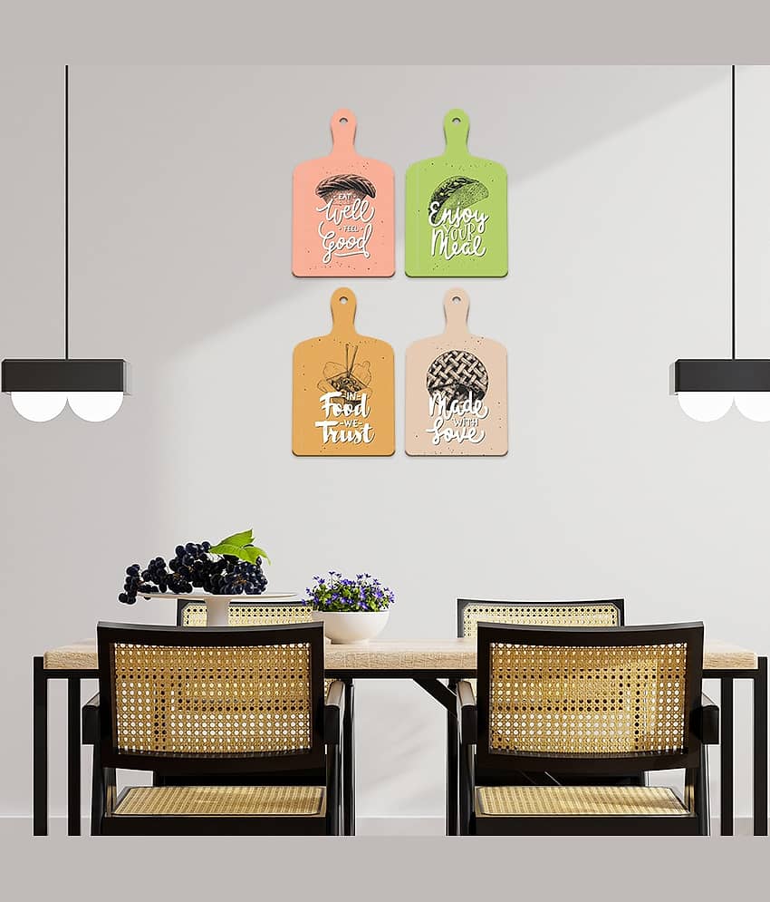 SAF Set of 4 MDF Kitchen Paddle Wall Hangings with Food Illustrations and Quotes | Eat Well Feel Good In Food We Trust Made With Love Enjoy Your Meal | Rustic Café & Home Décor view 2