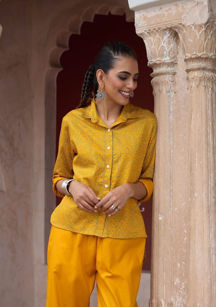 HOC Crafts Glazed Cotton Hand Block Printed with Hand Embroidery Women's 2 PC Co-ord Set - Mustard view 2