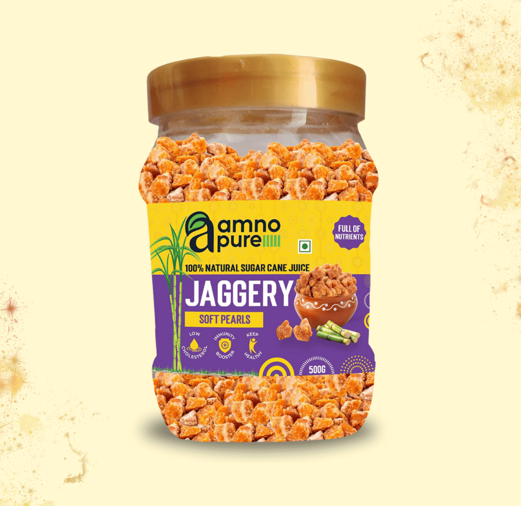 Amno Pure Natural Sugar Cane Jaggery Soft Pearls | Cholestrol free, Fat free, Ayurvedic & 100% Natural -900G Pet Jar