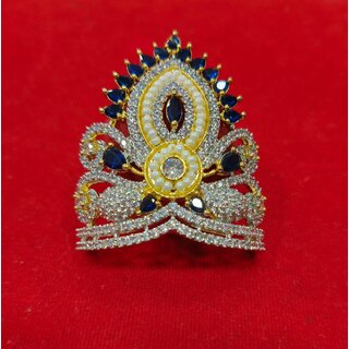 Blue Zircon Mukut Crown for Deity Idols Floral Stonework, Pearl Accents (Size 6/7) view 2