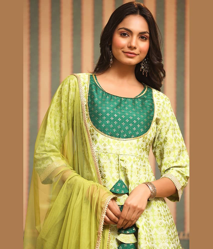 Juniper - Green Anarkali Silk Blend Women's Stitched Salwar Suit ( Pack of 1 ) view 2
