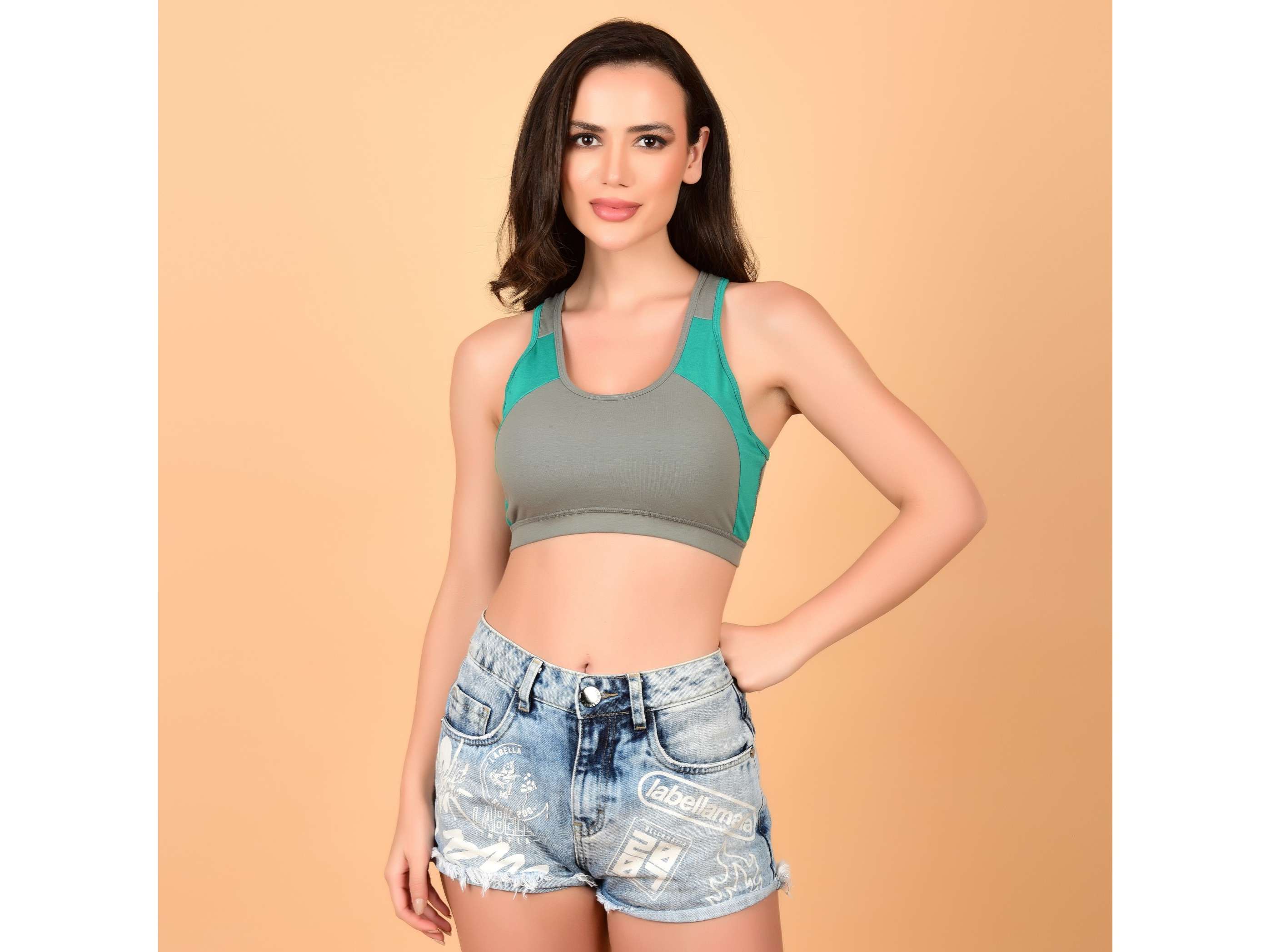 Stud & Gracy Sports Bra - Padded Grey + Green - S - 30