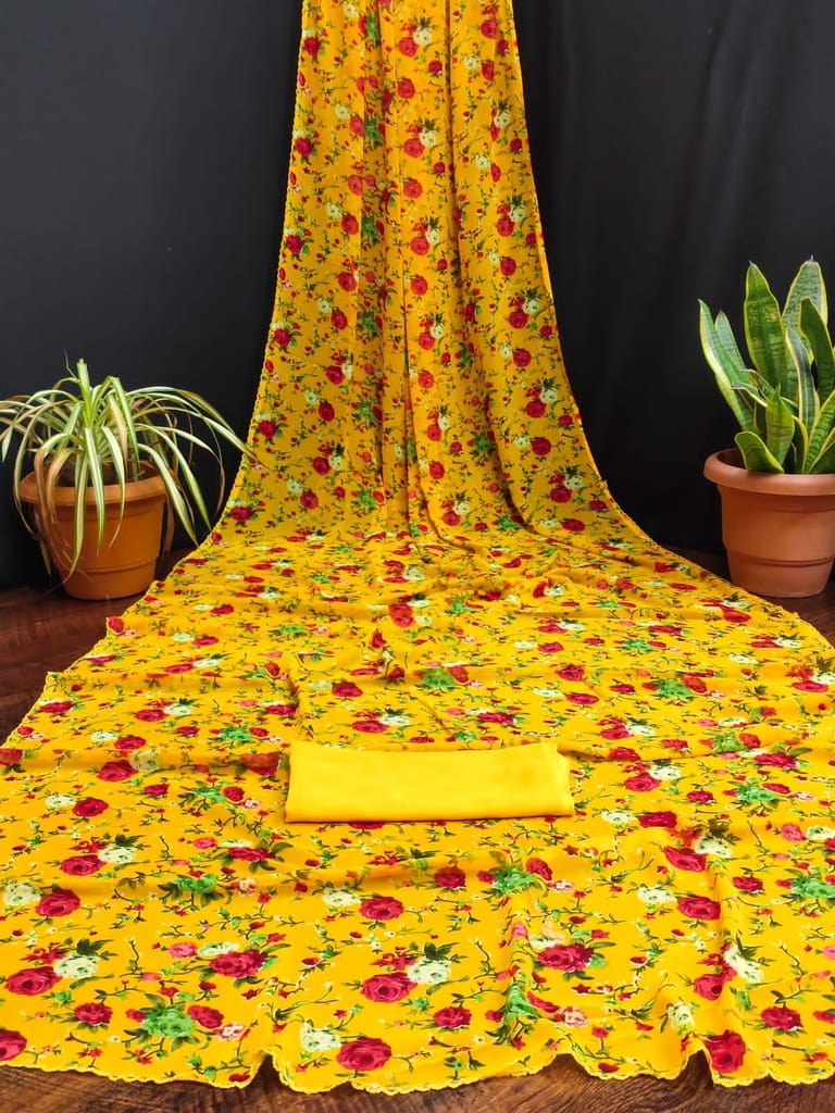 KHUSHBOO DESIGNERS Women's Solid Georgette 5.5 Meter Saree with Unstitched Blouse Piece (Yellow] view 2