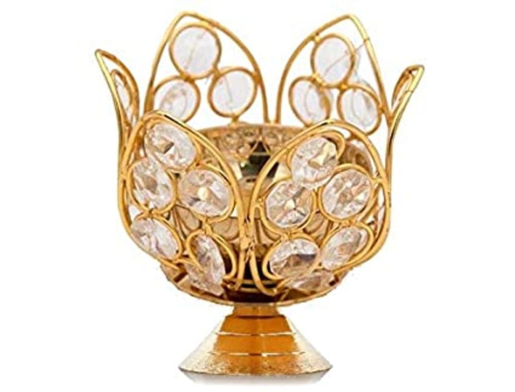 Gold Plated Brass with Crystal Lotus Flower Diya for Diwali Decoration and Home Decor