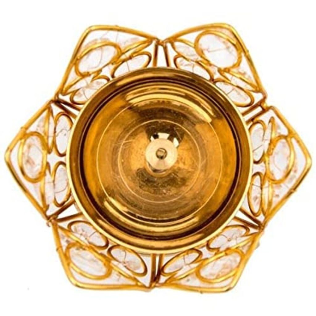 Gold Plated Brass with Crystal Lotus Flower Diya for Diwali Decoration and Home Decor view 2