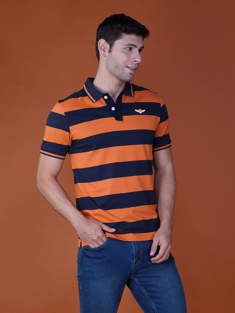 Men’s Stripe Polo T-shirt Navy-Orange
