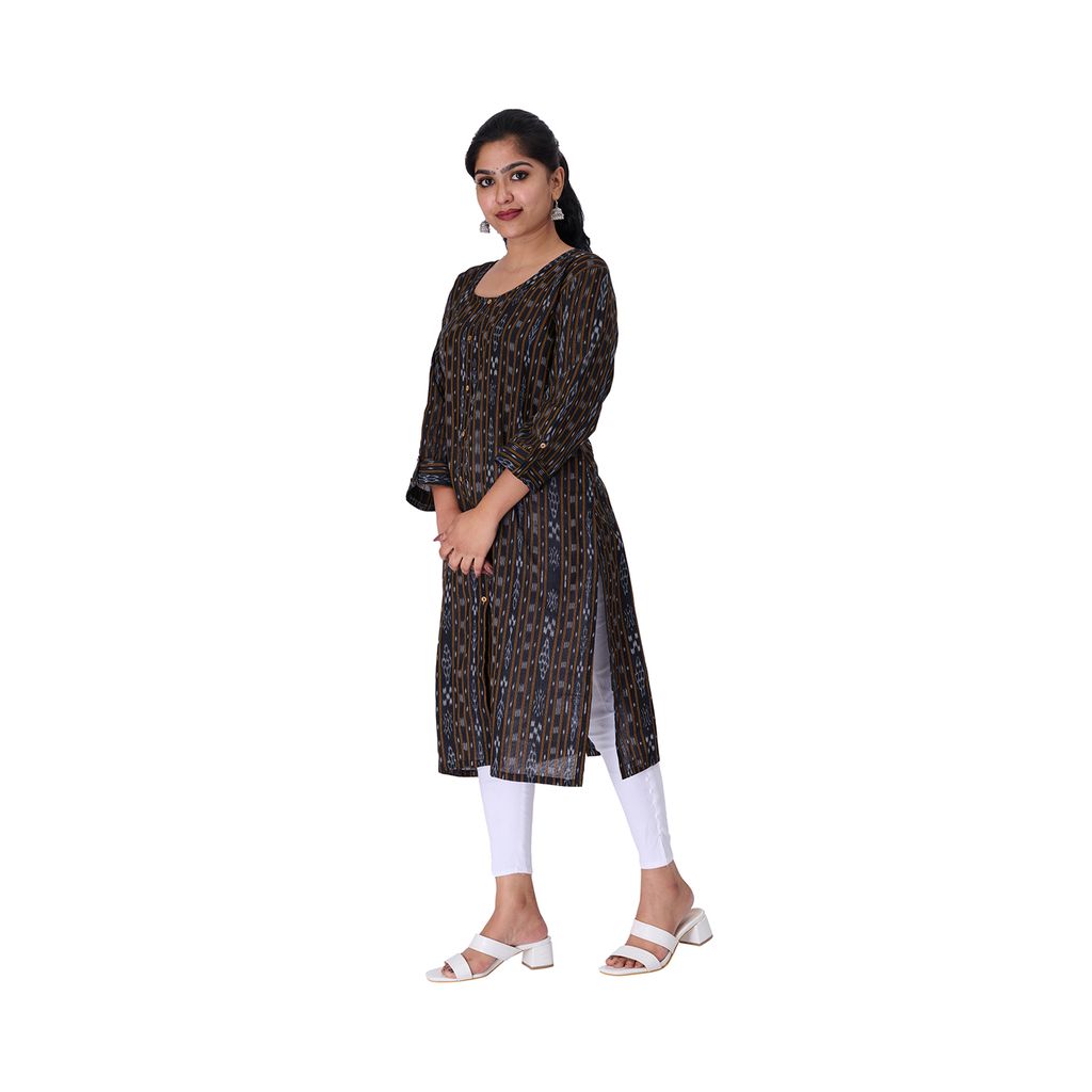 GHL GUENDICHA HAAT Sambalpuri Certified Handloom Women's Pure Cotton Round Neck Front Slit Kurta view 2