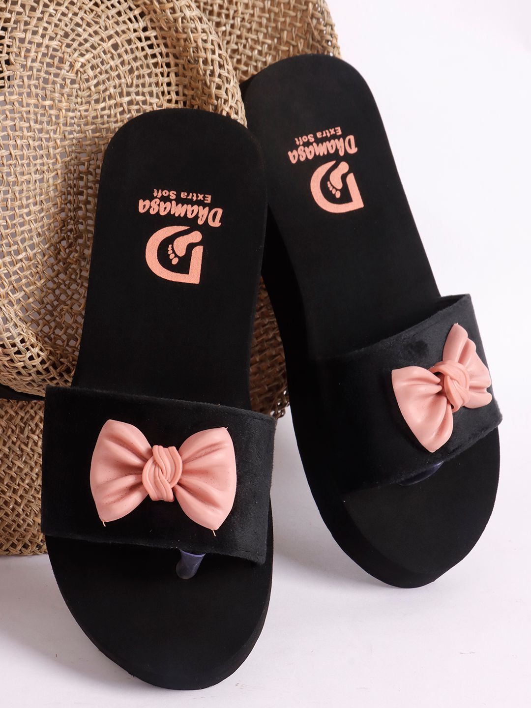 Dhamasa Women's Black Slide Slippers with Pink Bow - Elegant & Comfortable Footwear view 2