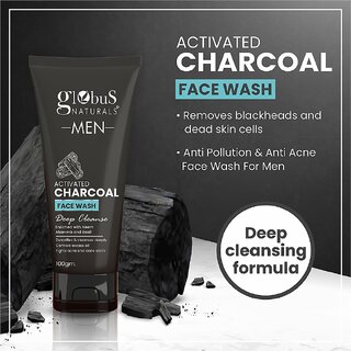 Globus Naturals Anti Pollution & Anti Acne Charcoal Face Wash, Detoxifying Cleanser, Fights Pollution and De-Tans skin, For Men with Oily & Acne Prone Skin, 100 gms view 2