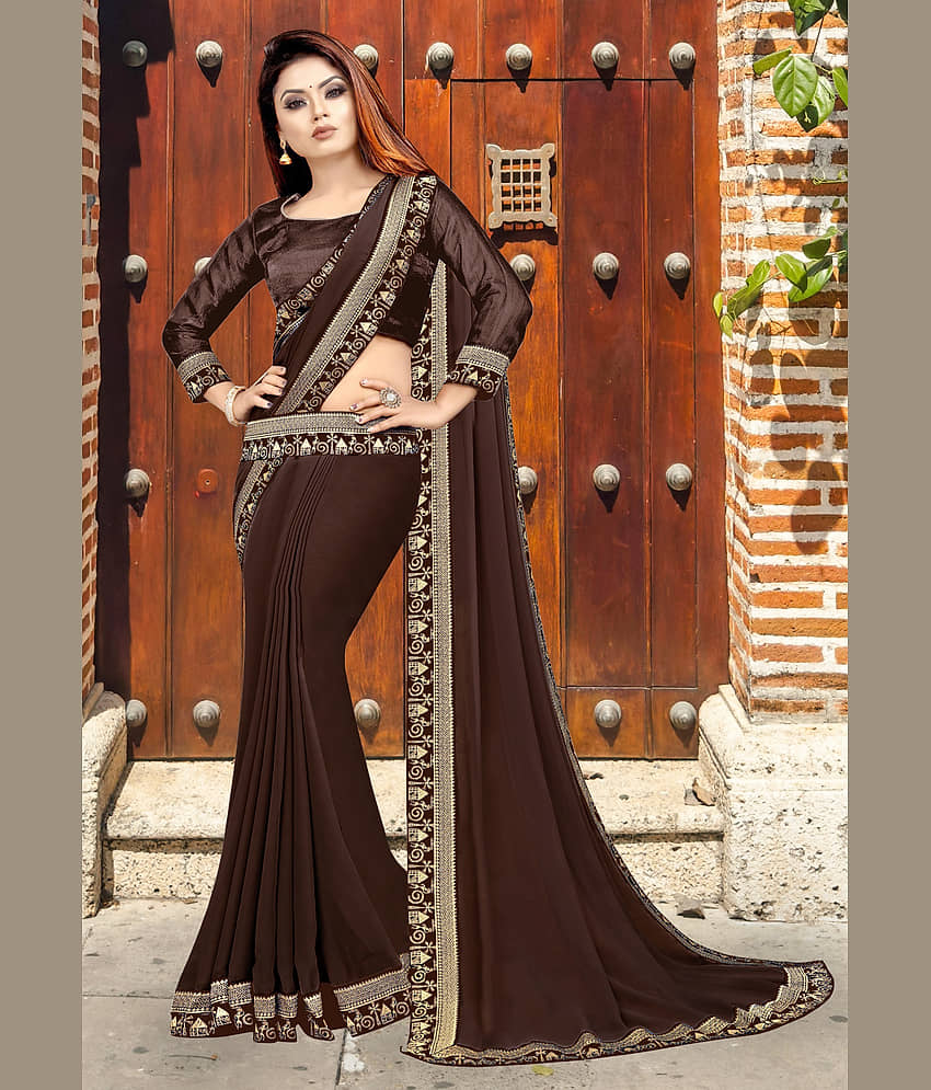 WXW Fashion Lycra Embroidered Regular Saree With Unstitched Blouse Piece ( Brown ) view 2