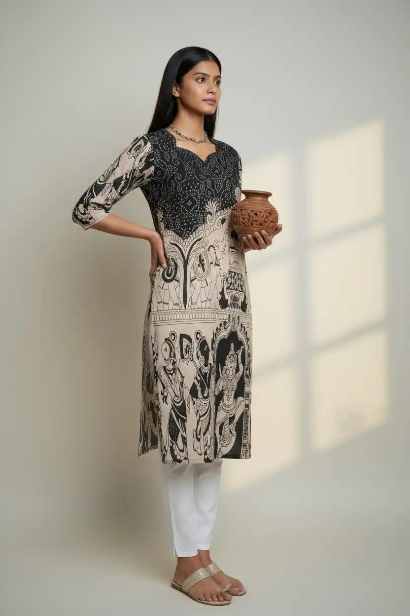 Pedana Kalamkari Screen-Print Cotton Kurti in Black with Temple Border view 2