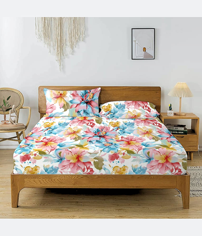 Apala Microfibre Floral Printed Fitted 1 Bedsheet with 2 Pillow Covers ( King Size ) - Multi view 2