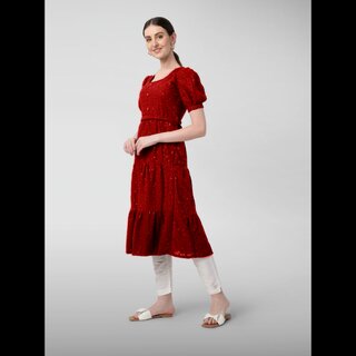 JADIIDA Beautiful Embroidery Women Hakoba Cotton A-line Kurta (Maroon) view 2