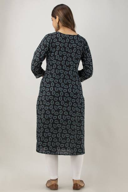 Women Printed Viscose Rayon A-line Kurta (Black) view 2