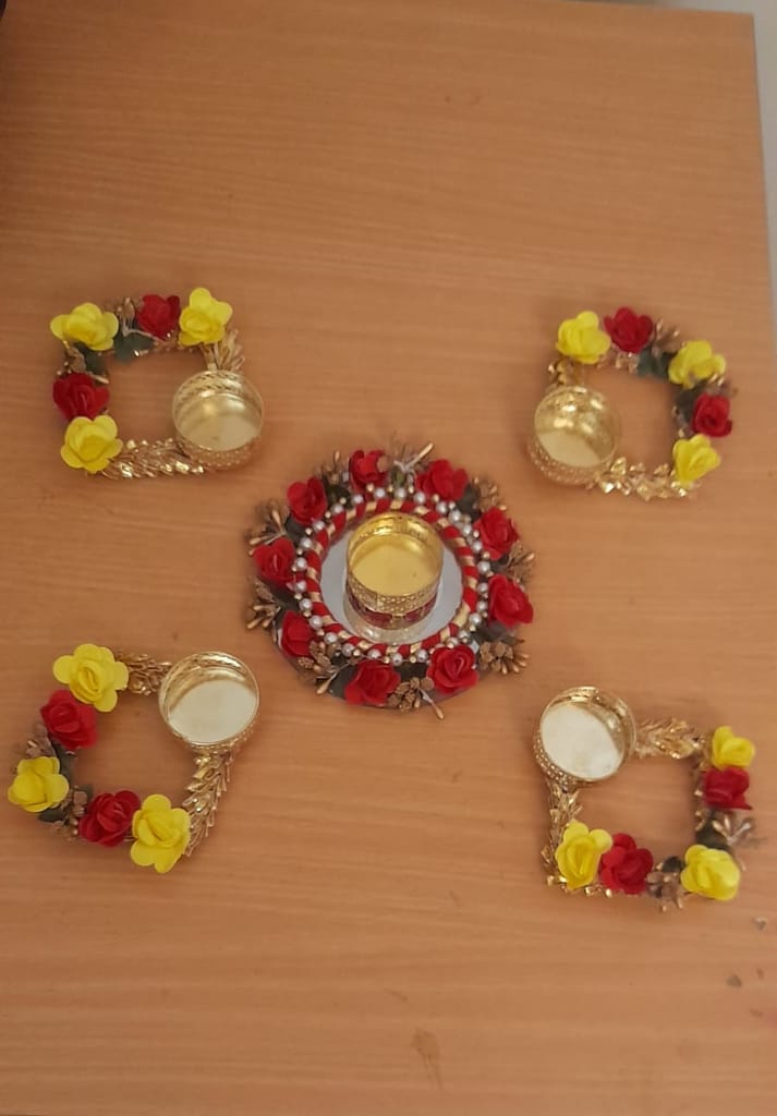 Artificial Rose Flower,Pearl with Beads TEALIGHTS with TEALIGHTS Holders Festive Decor(Set of 5pcs) (Green & RED) view 2