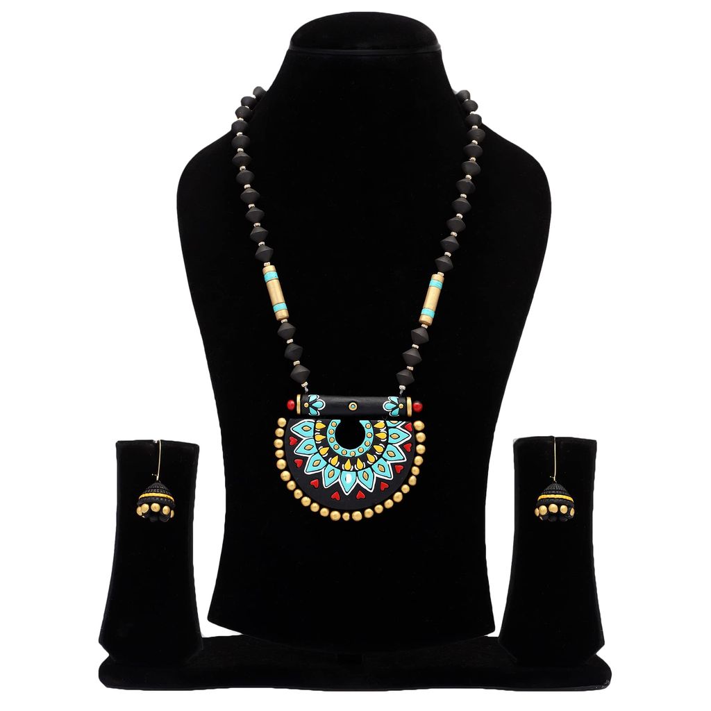 Le bijouxistic EKAM EK traditional pendent design necklace set with earrings for women in black and blue view 2